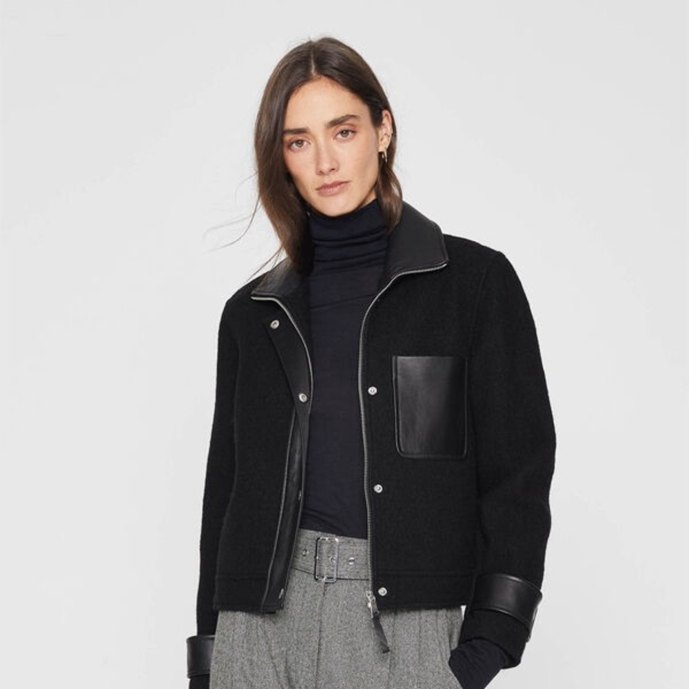 Club Monaco Black Leather-Trim Wool Jacket